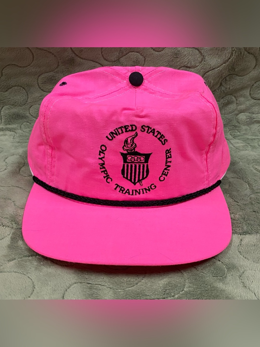 80s United States Olympic Training Center Neon Pink Rope-Trim Hat